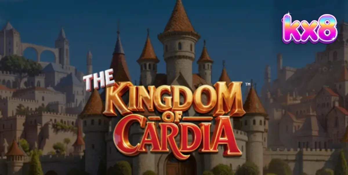 The Kingdom of Cardia slot game interface showing vibrant card-themed symbols and garden background.